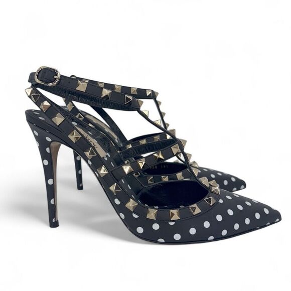 VALENTINO GARAVANI Black Ankle Strap Rockstud White Polkadot Sandals Siz… - Picture 12 of 15
